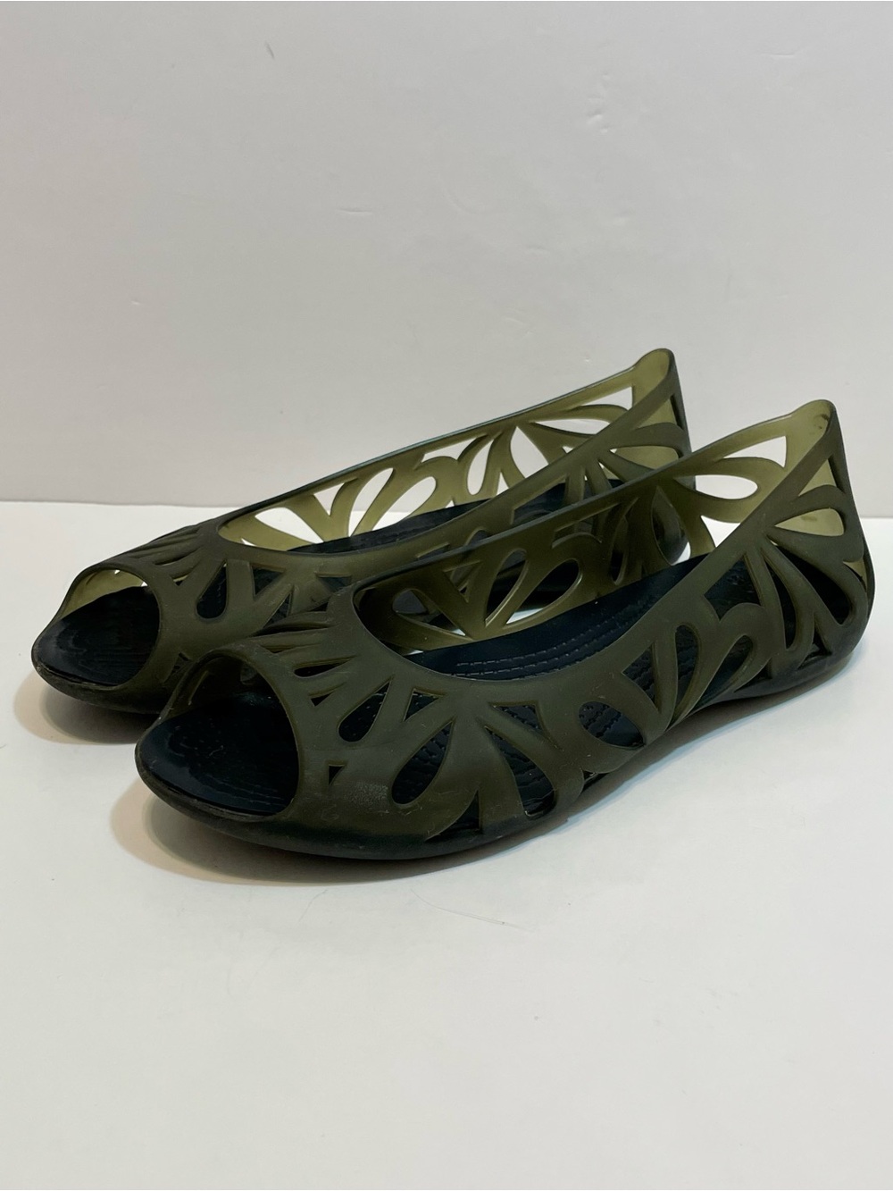 Crocs Adrina III Jelly Peep Toe Ballet Flats Olive Green Size 9